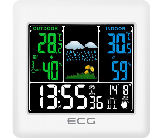 Statie meteo interior-exterior ECG MS 300 White, senzor extern fara fir, LCD color, ceas, alarma