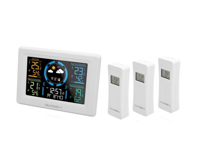 Statie meteo interior-exterior GoGEN ME 3397 W, LCD color, 3 senzori inclusi, ceas cu alarma, alb