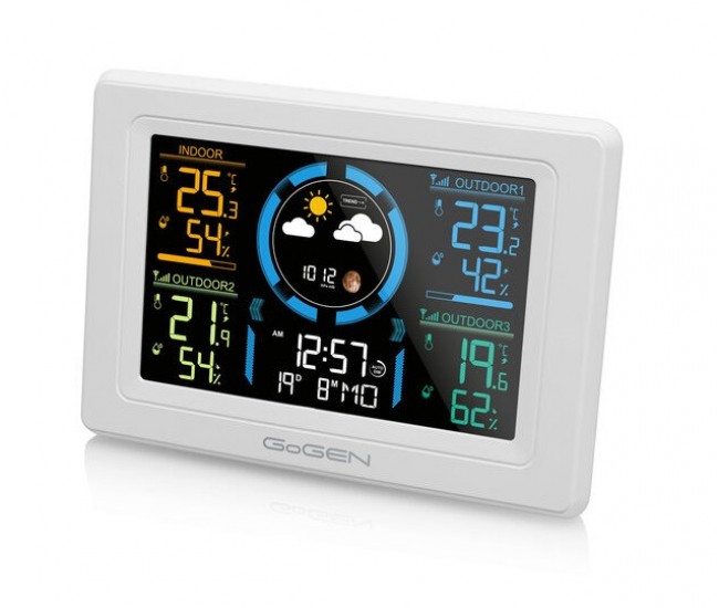 Statie meteo interior-exterior GoGEN ME 3397 W, LCD color, 3 senzori inclusi, ceas cu alarma, alb