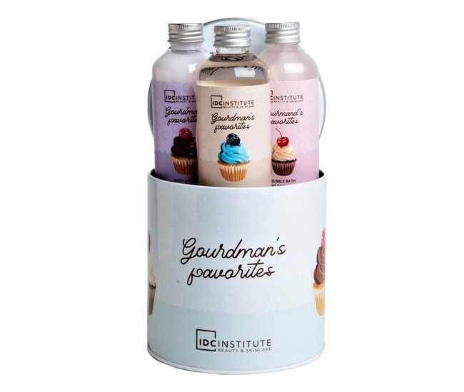 Set gel dus, lotiune corp, spuma baie Gourmand's Favourites Tin Box, IDC Institute 42523, 600 ml