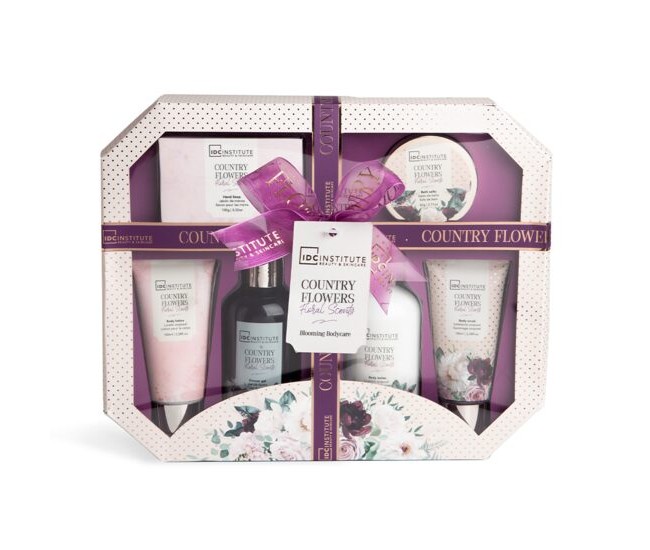 Set gel de dus, lotiune de corp, exfoliant, sapun si sare de baie Country Flowers, IDC Institute 99016, 760 ml