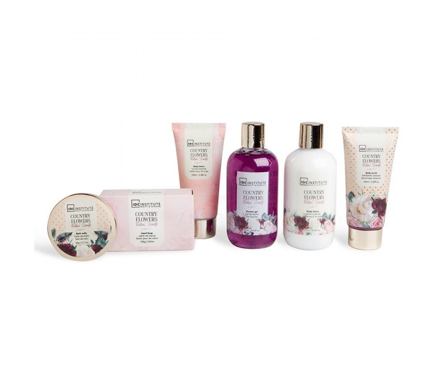 Set gel de dus, lotiune de corp, exfoliant, sapun si sare de baie Country Flowers, IDC Institute 99016, 760 ml