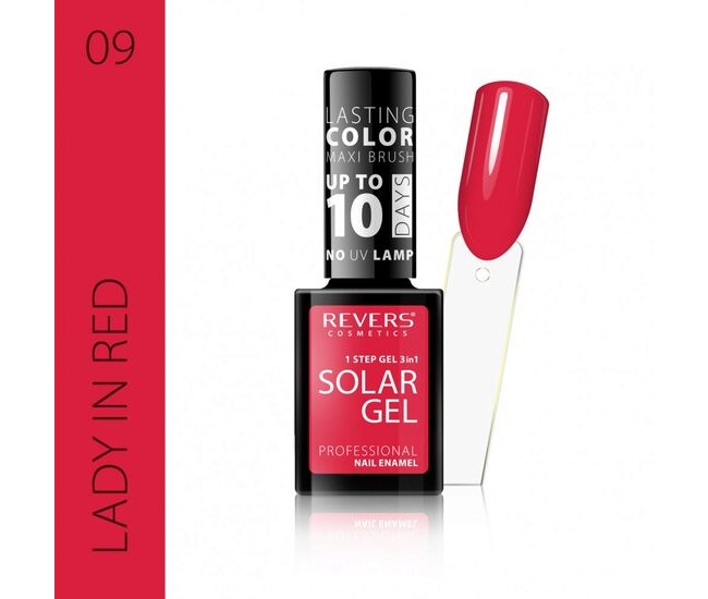 Lac de unghii Solar Gel, Revers, 12 ml, rosu, nr 09, lady in red