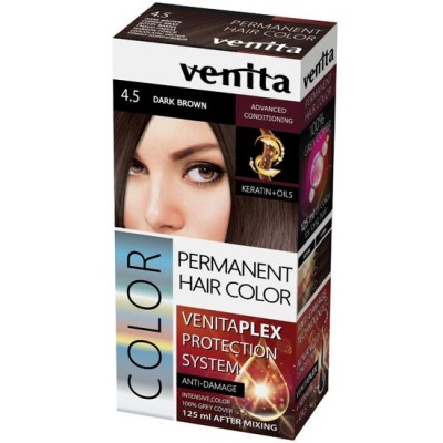 Vopsea de par permanenta, Venita Plex, 125 ml, Nr 4.5, Saten Inchis