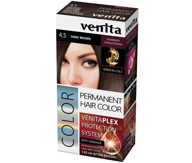 Vopsea de par permanenta, Venita Plex, 125 ml, Nr 4.5, Saten Inchis