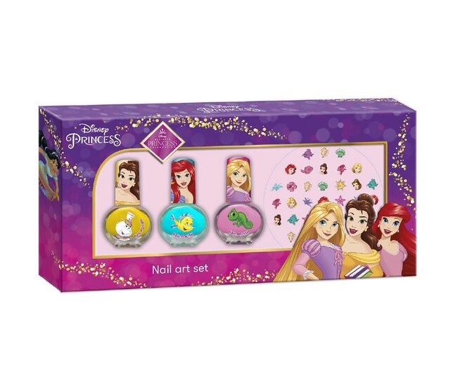 Set manichiura pentru fetite, 3 lacuri de unghii si modele de lipit pe unghii, Printesele Disney