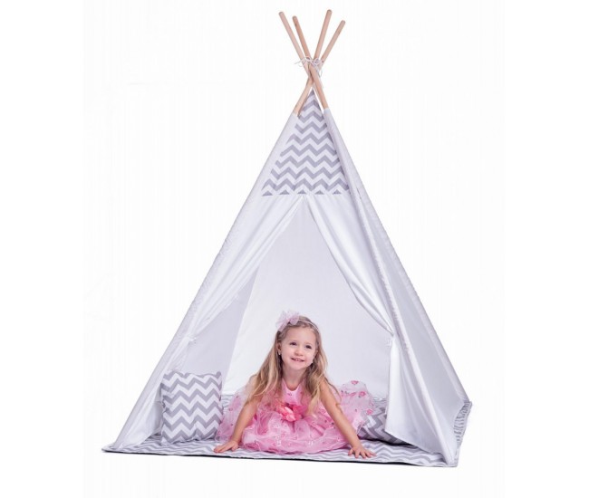 Cort de joaca Teepee cu cadru din lemn si doua perne, Woodyland