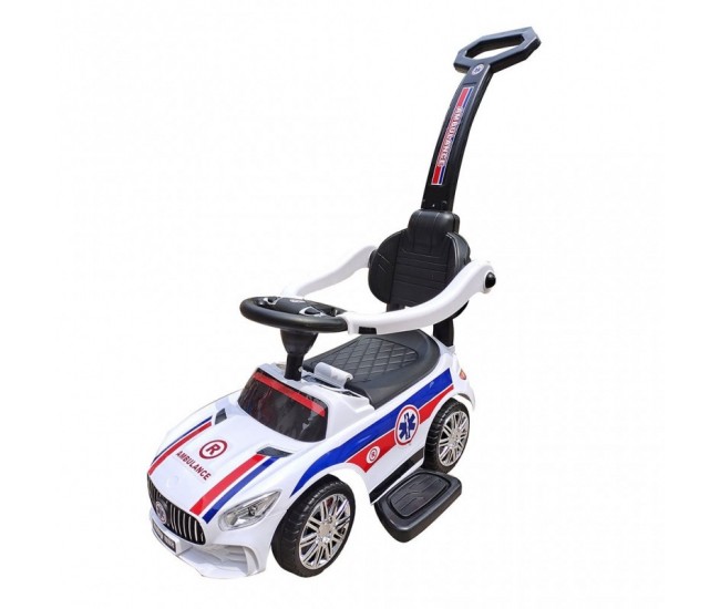 Masinuta premergator de ambulanta, ride on, cu maner parental, Baby Mix, alb