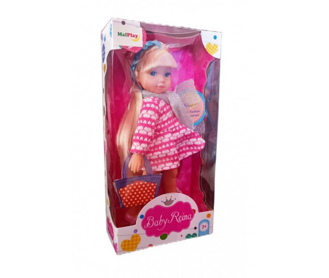 Papusa Baby Reina cu rochita roz cu alb, MalPlay, 24 cm