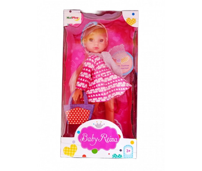 Papusa Baby Reina cu rochita roz cu alb, MalPlay, 24 cm