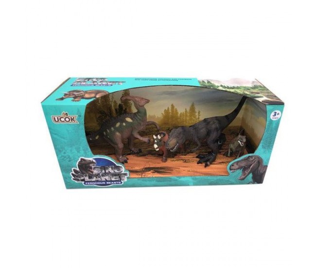 Set 4 dinozauri - T-Rex, Velociraptor, Parasaurolophus si pui de Triceratops