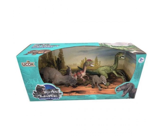 Set 4 dinozauri -Triceratops, Dilophosaurus, Velociraptor si pui de Velociraptor