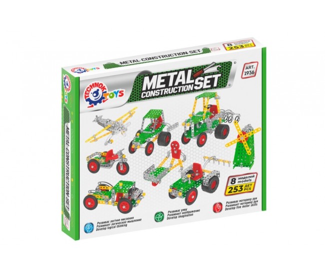 Set de construit metalic, TechnoK, 8 modele de vehicule agricole, 253 de piese