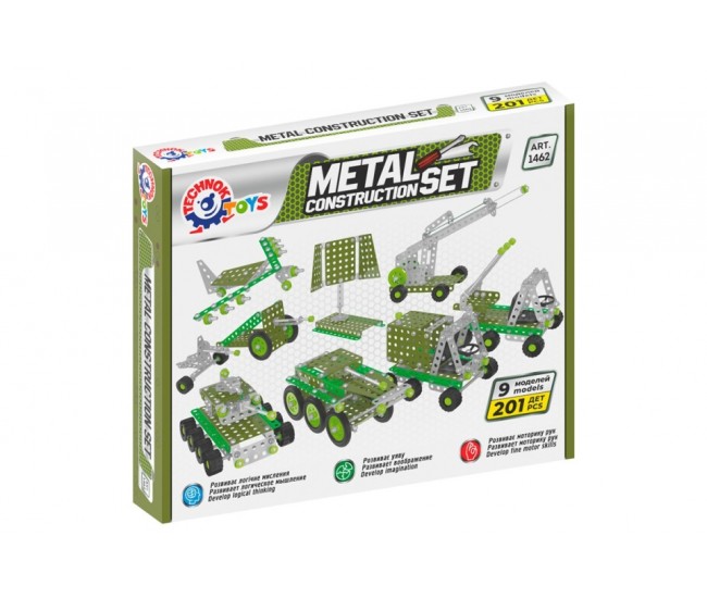 Set de construit metalic, TechnoK, 9 modele de vehicule militare, 201 de piese