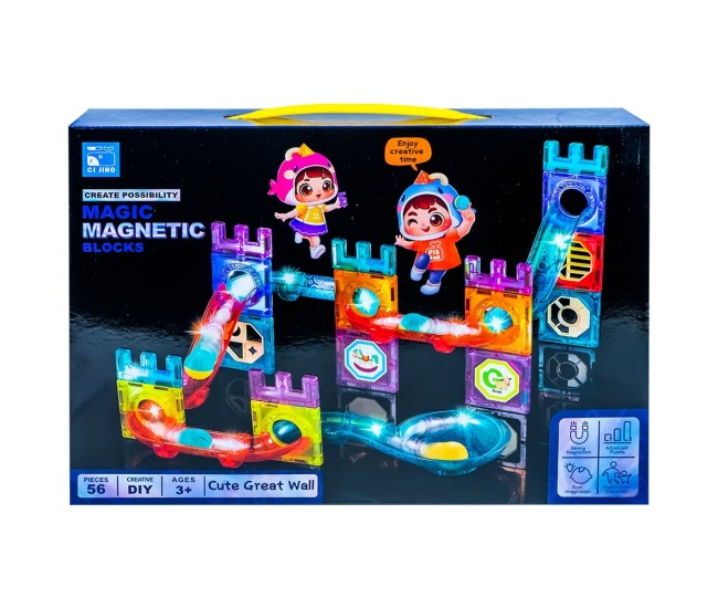 Set de constructie magnetic, Pista de masini, 56 piese