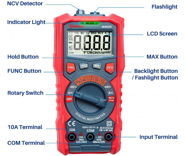 Multimetru digital AstroAI M4KOR, TRMS 4000, Ohmmetru, Voltmetru 1,5V   9V   12V, Masurare fara contact, Lanterna