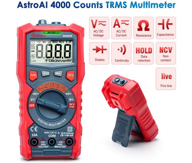 Multimetru digital AstroAI M4KOR, TRMS 4000, Ohmmetru, Voltmetru 1,5V   9V   12V, Masurare fara contact, Lanterna