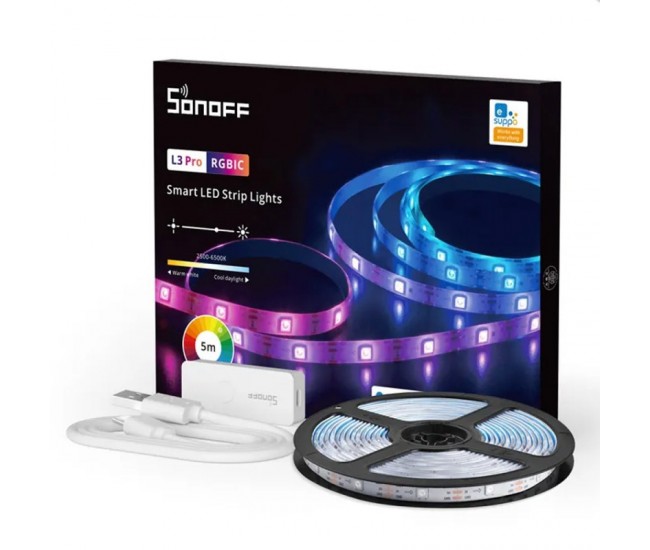 Banda LED Sonoff Wifi RGBIC L3-Pro, 5m, Smart, Bluetooth, Sincronizare Muzica, 30 LED m, Alimentare USB