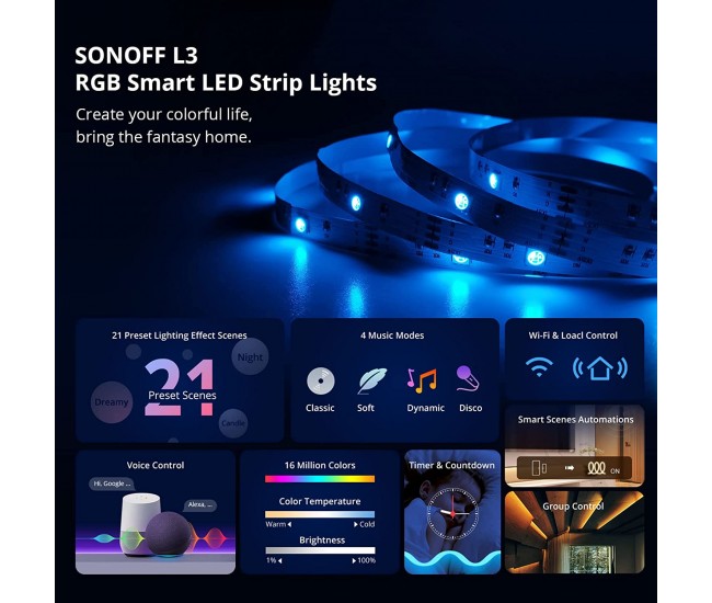 Banda LED Sonoff Wifi RGB L3-5M, 5m, Smart, IP20, Sincronizare Muzica, 90 LED m, Alimentare USB