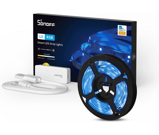 Banda LED Sonoff Wifi RGB L3-5M, 5m, Smart, IP20, Sincronizare Muzica, 90 LED m, Alimentare USB