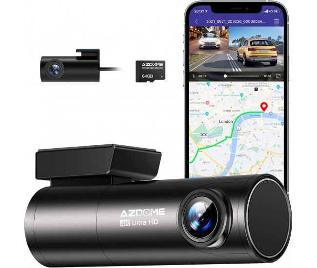 Camera auto DVR AZDOME M300S, Dubla, 4K + 1080P, 5GHz WiFi, GPS, Unghi 170  , Comanda vocala, Card 64G inclus