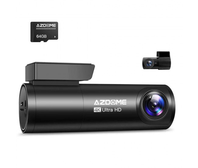 Camera auto DVR AZDOME M300S, Dubla, 4K + 1080P, 5GHz WiFi, GPS, Unghi 170  , Comanda vocala, Card 64G inclus