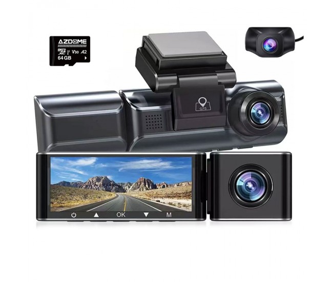 Camera auto DVR AZDOME M550, Tripla, 4K, WiFi, GPS, Unghi 170  , WDR, G-Sensor, Mod parcare, Card 64Gb inclus