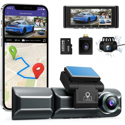 Camera auto DVR AZDOME M550, Tripla, 4K, WiFi, GPS, Unghi 170  , WDR, G-Sensor, Mod parcare, Card 64Gb inclus