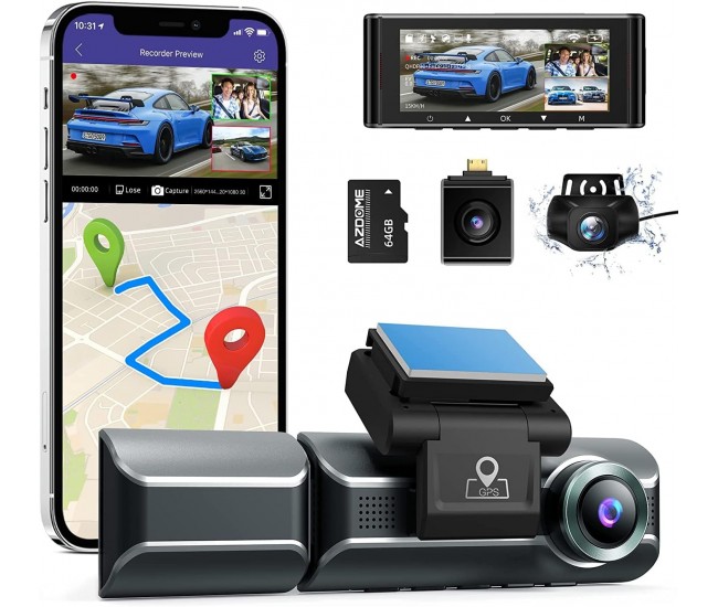 Camera auto DVR AZDOME M550, Tripla, 4K, WiFi, GPS, Unghi 170  , WDR, G-Sensor, Mod parcare, Card 64Gb inclus