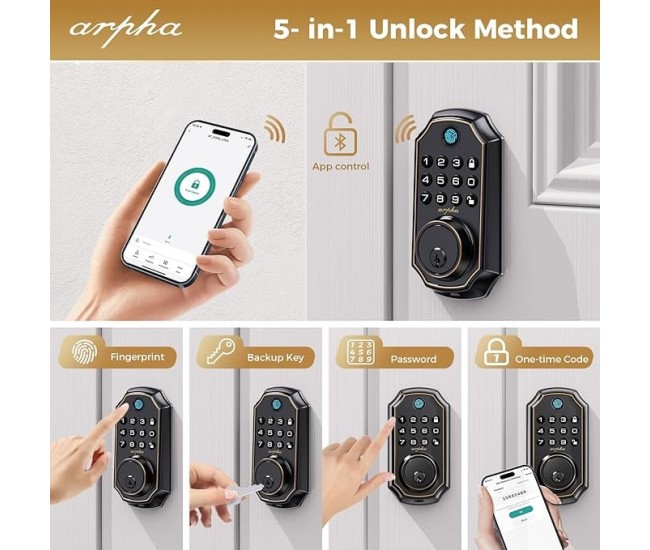 Incuietoare inteligenta Arpha D280, Amprenta, Aplicatie smart, PIN, Wifi, Bluetooth, Cheie, Tuya