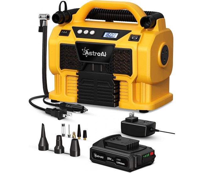 Compresor portabil cu acumulator AstroAI 3PLYE, 12V DC, 160PSI, Digital, Structura metalica, Adaptoare incluse