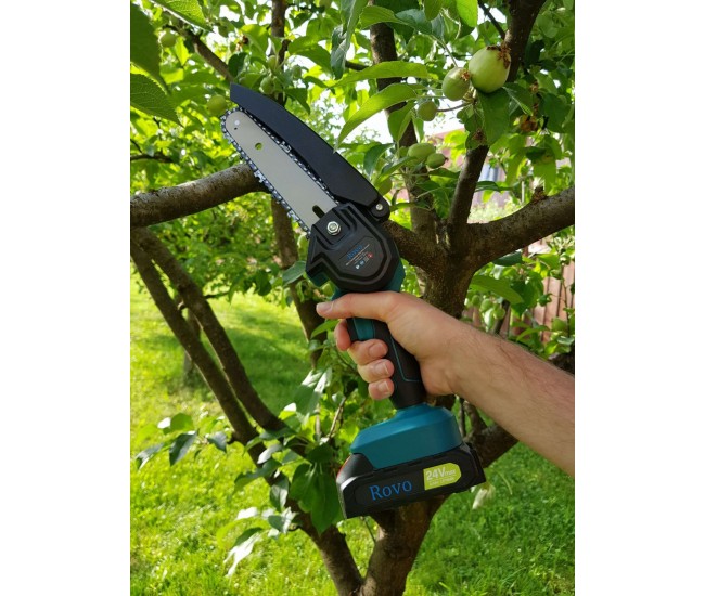 Mini ferastrau cu lant Electric Rovo RV-MF, 6 inch, 24V, 2000mAh, 2 acumulatori, 2 lanturi, Chainsaw