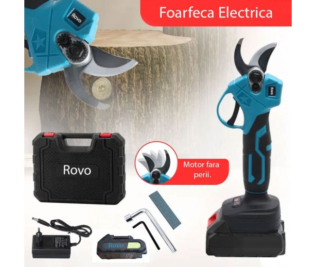 Foarfeca electrica pentru gradina Rovo RV-FE, motor brushless, 2 acumulatori 2000mAh, 800W, valiza de transport