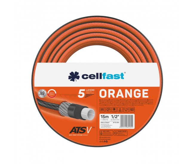 Furtun pentru gradina Cellfast ORANGE cu 5 straturi, 1 2  , Armat, 15m, protectie UV, antirasucire