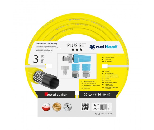 Set furtun pentru gradina Cellfast Plus cu 3 straturi, 1 2  , Armat, 25m, protectie UV, stropitor, conector