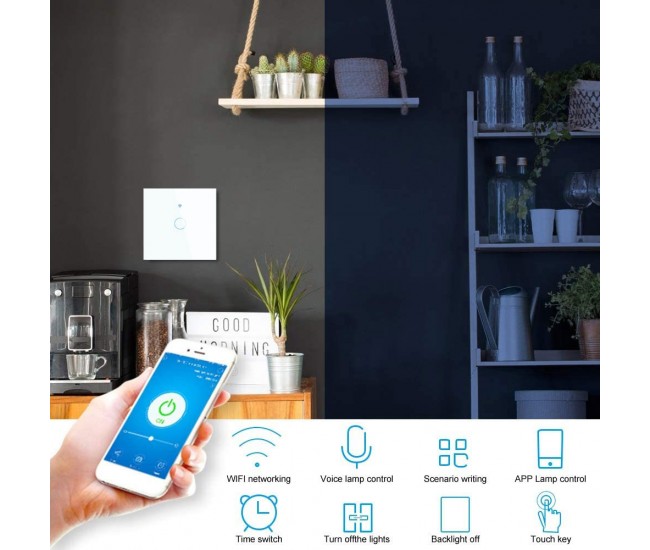 Intrerupator Smart cu Touch Rovo FN1C, 1 canal, Sticla Securizata, Tuya, Life Smart, RF 433MHz, Alexa si Google Assistant, fara nul