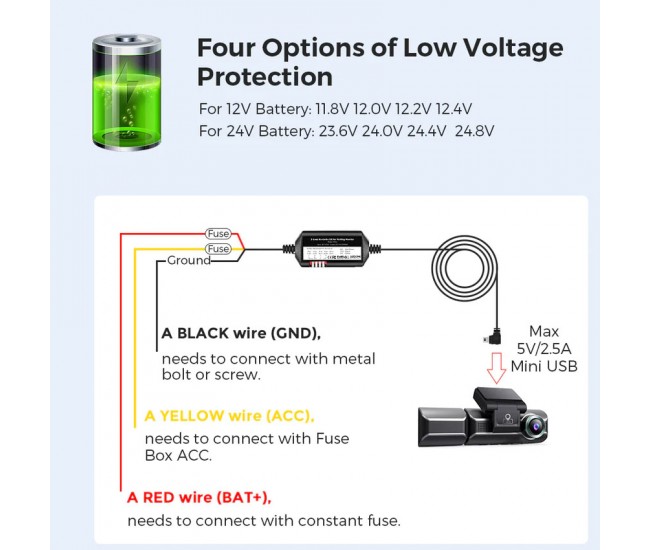 Kit cablu alimentare si monitorizare miscare pentru AZDOME JYX02, 12 24V To 5V 2.5A Mini USB