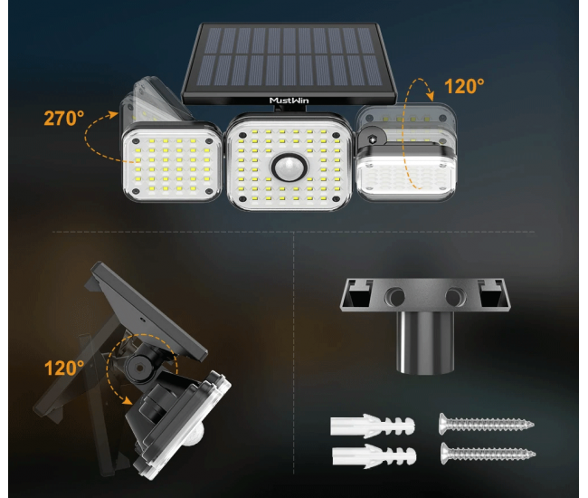 Lampa solara de perete MustWin, 1000lm, LED, 112 leduri,3 moduri, incarcare solara si senzor de miscare,