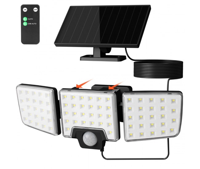 Lampa solara LED de perete Lepro PR640005.  1000lm, LED, Telecomanda, 3 panouri, 2 moduri, senzor de miscare