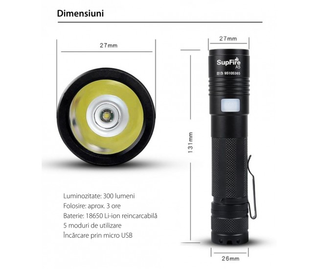 Lanterna LED Supfire A5, 300lm, 200M incarcare USB, Negru