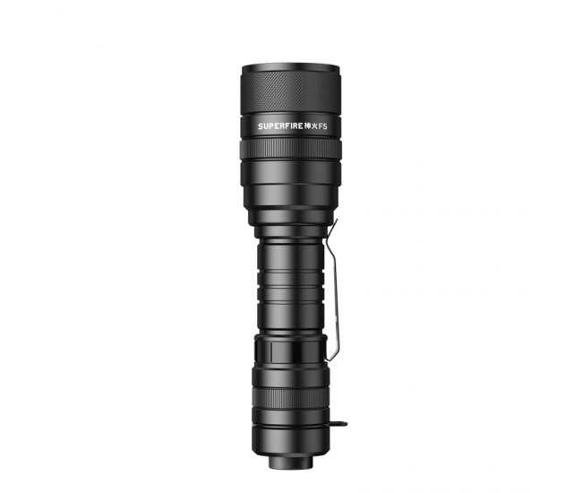 Lanterna LED Superfire F5 cu Zoom, 10W, 1100 lm, 5 moduri, rezistenta la apa, incarcare USB, Negru