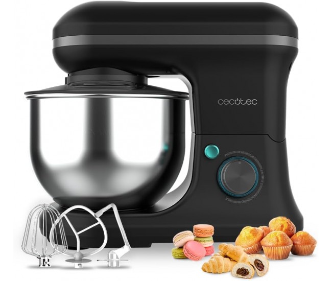 Mixer cu bol din inox Cecotec Cecomixer Merengue, 1200W, Bol 5L inox, 6 Viteze, 5 functii, accesorii incluse, Negru