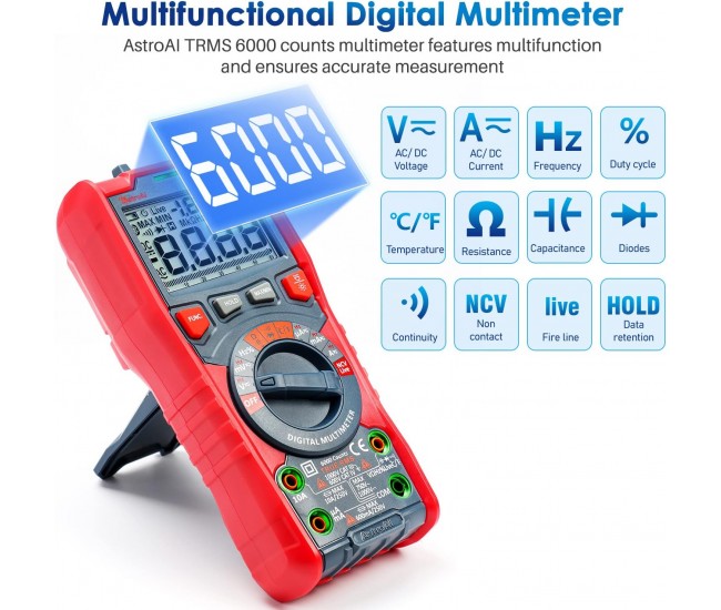 Multimetru digital AstroAI M6KOR, TRMS 6000, Voltmetru cu testare automata AC DC, rezistenta capacitatii, temperatura diode, NCV