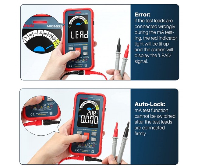 Multimetru digital AstroAI MUS10KRD, 10000 Counts, Smart Auto, TRMS Auto-Ranging, Display Color, Masurare continuitate, Temperatura,  Geanta transport