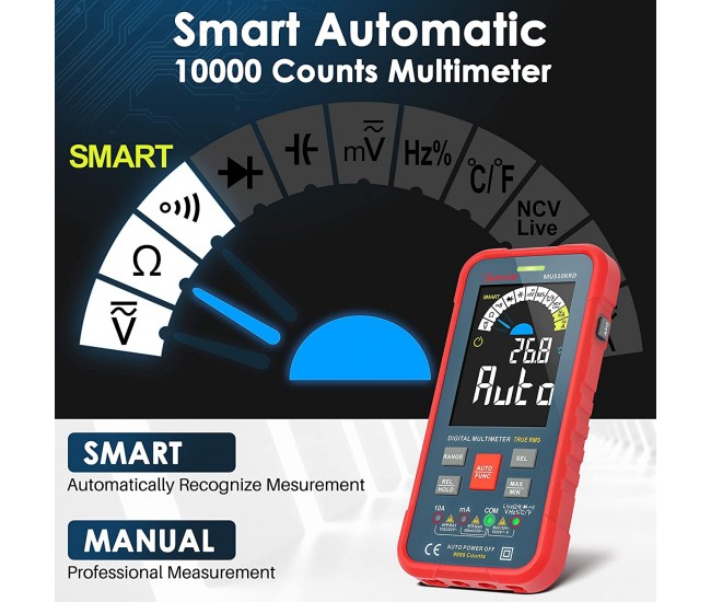 Multimetru digital AstroAI MUS10KRD, 10000 Counts, Smart Auto, TRMS Auto-Ranging, Display Color, Masurare continuitate, Temperatura,  Geanta transport