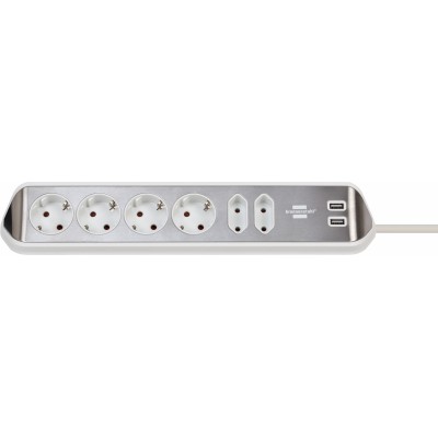 Prelungitor pentru perete colt Brennenstuhl Estilo 6 prize, 2 USB, 3.1 A, 2m Inox, Adeziv inclus, Argintiu-Alb