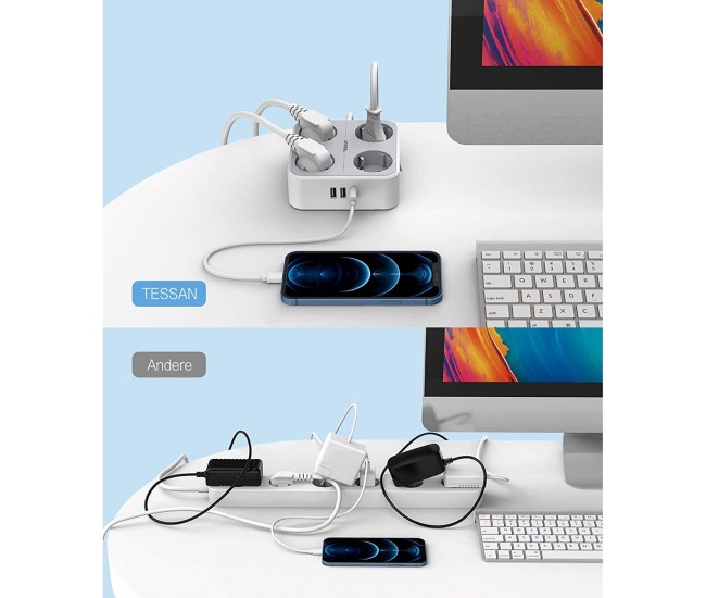 Prelungitor Tessan TS-302, 4 prize, 3 USB 3A, cablu 1.5m