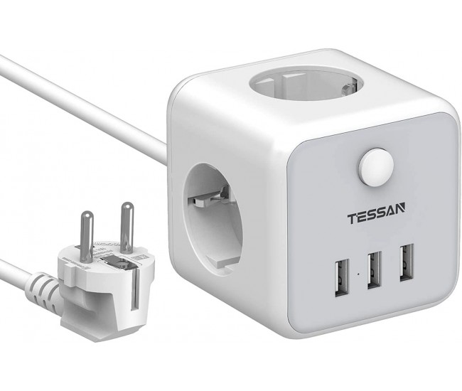 Prelungitor tip cub Tessan TS-301, 3 prize, 3 USB 3A, cablu 1.5m