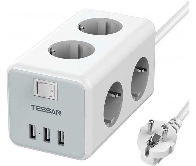 Prelungitor tip cub Tessan TS-306, 6 prize, 3 USB 3A, cablu 2m