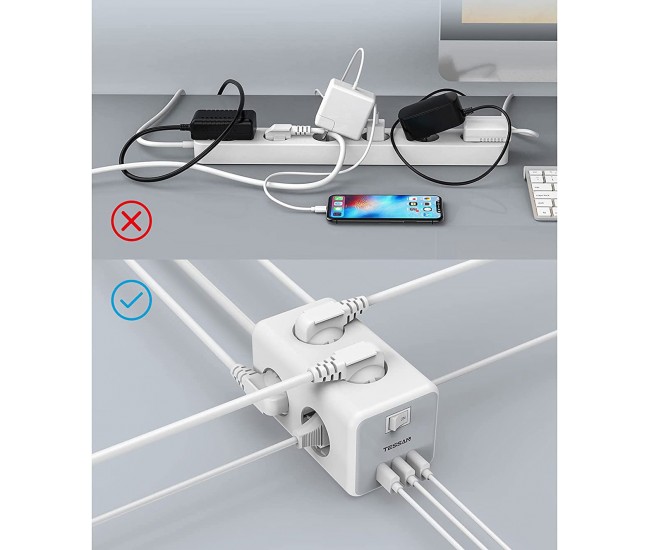 Prelungitor tip cub Tessan TS-306, 6 prize, 3 USB 3A, cablu 2m